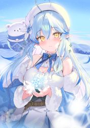 Rule 34 | 1girl, absurdres, ahoge, bare shoulders, beret, blouse, blue bow, blue hair, blue jacket, blue nails, blue skirt, blue sky, blush, bow, breasts, closed mouth, commentary request, daifuku (yukihana lamy), day, fur-trimmed jacket, fur-trimmed sleeves, fur trim, half updo, hat, heart, heart ahoge, highres, hololive, jacket, kanzarin, large breasts, long hair, long sleeves, looking at viewer, mountain, multicolored hair, nail polish, off shoulder, outdoors, pointy ears, shirt, skirt, sky, sleeveless, sleeveless shirt, smile, snow, snowflakes, solo, streaked hair, very long hair, virtual youtuber, white hat, white shirt, yellow eyes, yukihana lamy