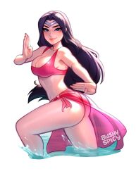 Rule 34 | 1girl, alternate costume, artist name, ass, bikini, blush, blushyspicy, breasts, cleavage, closed mouth, from side, irelia, large breasts, league of legends, long hair, looking at viewer, outline, parted bangs, pink bikini, shiny clothes, shiny skin, smile, solo, swimsuit, water, watermark, white outline