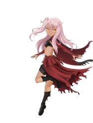 Rule 34 | 1girl, :q, absurdres, bikini, bikini top only, boots, brown eyes, cape, chloe von einzbern, dark skin, dark-skinned female, fate/kaleid liner prisma illya, fate (series), flat chest, from behind, hair bobbles, hair ornament, highres, leg lift, long hair, looking back, one side up, pink hair, side ponytail, smile, solo, swimsuit, thigh strap, tongue, tongue out, waist cape, wdasca, white background