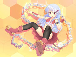Rule 34 | 1girl, absurdres, armband, armlet, benghuai xueyuan, blue hair, boots, chain, fang, fingerless gloves, gloves, hair ornament, highres, hiraga-zero, long hair, looking at viewer, open mouth, original, red eyes, red skirt, skirt, smile, solo, thighhighs