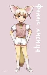 Rule 34 | 1boy, adapted costume, animal ears, belt, blonde hair, bowl cut, brown hair, collared shirt, commentary request, elbow gloves, extra ears, fennec (kemono friends), fox ears, fox tail, full body, genderswap, genderswap (ftm), gloves, gradient gloves, gradient legwear, hands in pockets, highres, kemono friends, loafers, male focus, multicolored clothes, multicolored gloves, multicolored hair, multicolored legwear, necktie, pink background, puffy short sleeves, puffy sleeves, shirt, shoes, short hair, short shorts, short sleeves, shorts, simple background, smile, smug, solo, tail, thighhighs, vest, welt (kinsei koutenkyoku), white gloves, white hair, white thighhighs, yellow gloves, yellow necktie, yellow thighhighs, zettai ryouiki