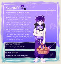 Rule 34 | 1boy, artist name, barefoot, basket, cat, character name, colored skin, english text, highres, holding, holding basket, looking at viewer, omori, pants, pencil, pencil behind ear, picnic basket, purple eyes, purple hair, short hair, solo, spoilers, sunny (omori), sweatpants, white skin, zipsunz