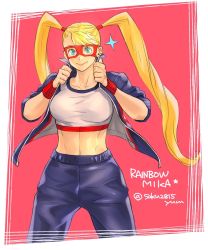 Rule 34 | 1girl, alternate costume, blonde hair, blue eyes, breasts, character name, commentary, high-waist pants, highres, jacket, large breasts, midriff, navel, open clothes, open jacket, pants, popped collar, rainbow mika, solo, sports bra, street fighter, street fighter v, tombsakura, track jacket, track pants, twintails, wrestling mask, wristband