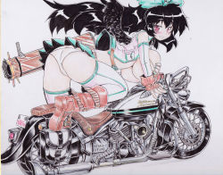 Rule 34 | 1girl, adapted costume, all fours, arm cannon, ass, bent over, black hair, black wings, blush, boots, bow, breast hold, breast rest, breasts, character name, colorized, covering privates, covering breasts, curvy, female focus, fingerless gloves, gloves, hair bow, knee boots, large breasts, long hair, looking at viewer, motor vehicle, motorcycle, okiraku nikku, panties, red eyes, reiuji utsuho, revealing clothes, shikishi, sitting, smile, solo, thighhighs, topless, touhou, traditional media, underwear, vehicle, very long hair, weapon, white thighhighs, wings