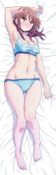 Rule 34 | 10s, 1girl, absurdres, arm above head, bare legs, barefoot, bed sheet, bikini, blue bikini, blush, breasts, brown eyes, brown hair, cleavage, dakimakura (medium), feet, from above, full body, gluteal fold, hand in own hair, harukana receive, highres, incredibly absurdres, looking at viewer, lying, medium breasts, navel, official art, on back, oozora haruka (harukana receive), shiny skin, smile, solo, sweat, swimsuit, wide hips