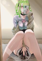 Rule 34 | 1girl, between legs, black choker, breasts, cellphone, ceres fauna, ceres fauna (jirai kei), choker, commentary request, green hair, hand between legs, holding, holding phone, hololive, hololive english, immoralmouse, indoors, jirai kei, looking at phone, medium breasts, mirror, mole, mole under eye, nail polish, phone, pink nails, reflection, selfie, sitting, skirt, skirt tug, smartphone, solo, virtual youtuber, yellow eyes