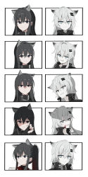 Rule 34 | 2girls, :d, absurdres, animal ear fluff, animal ears, arknights, black hair, black jacket, black nails, blood, blood on face, blue eyes, chihuri, closed mouth, ear piercing, expressions, fang, fingerless gloves, gloves, grey gloves, grey hair, grin, hair between eyes, hair ornament, hairclip, highres, jacket, lappland (arknights), long hair, multicolored hair, multiple girls, multiple views, nail polish, open mouth, piercing, ponytail, portrait, red hair, red pupils, scar, scar across eye, scar on face, shaded face, sharp teeth, smile, teeth, texas (arknights), two-tone hair