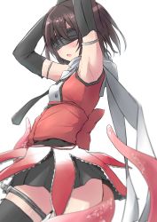 Rule 34 | 10s, 1girl, armpits, arms up, black gloves, black legwear, black skirt, blindfold, brown hair, colorized, commentary request, elbow gloves, gloves, kantai collection, kuromu (underporno), necktie, open mouth, pleated skirt, remodel (kantai collection), scarf, school uniform, sendai (kancolle), short hair, skirt, tentacles, white scarf