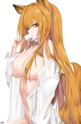 Rule 34 | 1girl, absurdres, animal ears, arknights, bare shoulders, blonde hair, breasts, brown eyes, ceobe (arknights), commentary request, food, food in mouth, hair censor, hand up, hhy, highres, holding, holding food, large breasts, long hair, looking at viewer, naked shirt, off shoulder, open clothes, open shirt, popsicle, shirt, simple background, solo, very long hair, white background