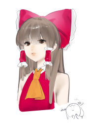 Rule 34 | 1girl, absurdres, ascot, bare shoulders, bow, brown eyes, brown hair, closed mouth, commentary request, cropped torso, expressionless, eyes visible through hair, hair between eyes, hair bow, hair tubes, hakurei reimu, highres, lips, long hair, nostrils, orange ascot, red bow, red vest, signature, simple background, sleeveless, solo, sugoiwaa44, touhou, upper body, vest, white background