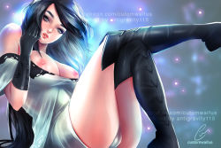 Rule 34 | 1girl, agnes oblige, artist name, bare shoulders, black hair, boots, bravely default: flying fairy, bravely default (series), breasts, gloves, gradient background, grey eyes, long hair, looking at viewer, nipples, parted lips, shirt down, sitting, solo, watermark, web address