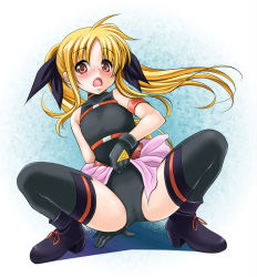 Rule 34 | 00s, 1girl, bad id, bad pixiv id, blonde hair, boots, bow, fate testarossa, fate testarossa (movie 1st form), female focus, full body, gloves, gradient background, hair bow, kakiko, leotard, long hair, lyrical nanoha, mahou shoujo lyrical nanoha, open mouth, red eyes, solo, thighhighs, twintails, very long hair, white background