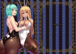 Rule 34 | 2girls, animal ears, ass, bare back, bare shoulders, black legwear, blonde hair, blush, border, bow, bowtie, grabbing another&#039;s breast, breasts, cameltoe, cleavage, covered erect nipples, covered navel, cowboy shot, curvy, dark-skinned female, dark skin, detached collar, fake animal ears, fishnet pantyhose, fishnets, from behind, glasses, grabbing, green hair, highres, houtengeki, huge ass, large breasts, leotard, long hair, looking at viewer, multiple girls, non-web source, open mouth, original, pantyhose, playboy bunny, plump, purple eyes, rabbit ears, rabbit tail, red eyes, short hair, sideboob, small breasts, striped, striped background, tail, teeth, thick thighs, thighs, wide hips, wrist cuffs