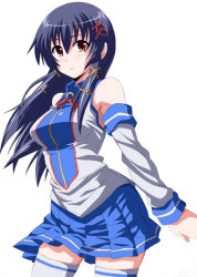 Rule 34 | 1girl, anime coloring, bare shoulders, blue hair, blue skirt, blush, breasts, detached sleeves, graphite (medium), hair ornament, long hair, long sleeves, looking at viewer, medium breasts, os-tan, red eyes, skirt, smile, solo, standing, thighhighs, traditional media, vatanen, windows xp, x hair ornament, xp-tan