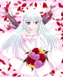 Rule 34 | 00s, 1girl, bare shoulders, black wings, bouquet, collarbone, dress, elbow gloves, flower, gloves, hair ribbon, hairband, light smile, long hair, looking at viewer, namamo nanase, petals, pink eyes, ribbon, rozen maiden, sleeveless, sleeveless dress, solo, suigintou, very long hair, white hair, wings