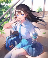 Rule 34 | 1girl, :d, absurdres, azit (down), bag, bag charm, black hair, blue eyes, blue skirt, bottle, charm (object), collared shirt, commentary, day, hair blowing, highres, holding, holding bottle, huge filesize, leaf, long hair, looking at viewer, open mouth, original, outdoors, pleated skirt, railing, school bag, school uniform, shirt, short sleeves, signature, sitting, skirt, smile, stairs, summer, symbol-only commentary, thighhighs, uniform, water bottle, white shirt, white thighhighs, zettai ryouiki