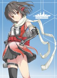 Rule 34 | 10s, 1girl, absurdres, armpits, bare shoulders, black gloves, black hair, black neckerchief, black skirt, blue background, brown eyes, copyright name, elbow gloves, fingerless gloves, gloves, gradient background, hair ornament, hand on own hip, highres, kantai collection, looking at viewer, machinery, neckerchief, obi, pleated skirt, sailor collar, sash, scarf, searchlight, sendai (kancolle), sendai kai ni (kancolle), short hair, single thighhigh, skirt, smile, solo, thighhighs, two side up, uumaru1869, white scarf