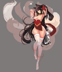 Rule 34 | 1girl, ahri (league of legends), animal ears, armpits, arms behind head, arms up, black hair, blue eyes, breasts, cleavage, detached sleeves, dress, facial mark, fox ears, highres, korean clothes, league of legends, long hair, long tail, multiple tails, qbspdl, short dress, sketch, solo, strapless, strapless dress, tail, thigh gap, thighhighs, very long hair, whisker markings, white thighhighs, zettai ryouiki
