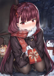 Rule 34 | 1girl, absurdres, black coat, black pantyhose, blush, coat, coffeedog, enpera, gift, girls&#039; frontline, gloves, hair ribbon, highres, huge filesize, kalina (girls&#039; frontline), long hair, long sleeves, miniskirt, official alternate costume, one side up, pantyhose, plaid, plaid skirt, print scarf, purple hair, red eyes, red neckwear, red ribbon, red scarf, ribbon, scarf, skirt, snow, snowman, solo, wa2000 (date in the snow) (girls&#039; frontline), wa2000 (girls&#039; frontline), weapon bag, white gloves