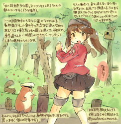 Rule 34 | 10s, 1girl, admiral (kancolle), artist self-insert, brown eyes, brown hair, colored pencil (medium), dated, forest, kantai collection, kirisawa juuzou, long hair, nature, non-human admiral (kancolle), numbered, personification, pleated skirt, ryuujou (kancolle), skirt, solo, squirrel, traditional media, translation request, twintails, twitter username, visor cap