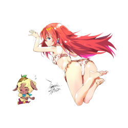 Rule 34 | ass, blue eyes, blush, closed mouth, earrings, ejami, jewelry, long hair, looking at viewer, mice (rune factory), multiple girls, pointy ears, red hair, rune factory, rune factory 3, simple background, swimsuit, toona, white background