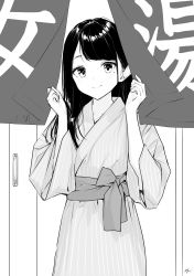 Rule 34 | 1girl, absurdres, bath yukata, blush, closed mouth, commentary request, greyscale, hands up, highres, japanese clothes, kimono, long hair, looking at viewer, mole, mole under eye, monochrome, obi, original, sash, signature, smile, solo, standing, striped clothes, striped kimono, takenoko no you, vertical-striped clothes, vertical-striped kimono, yukata