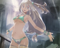Rule 34 | 1girl, bikini, breasts, brown eyes, brown hair, covered erect nipples, highres, long hair, looking at viewer, looking to the side, low-tied long hair, medium breasts, okuto, one side up, open mouth, original, solo, swimsuit, thighhighs, underboob, wrist cuffs