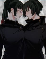 Rule 34 | black coat, black hair, black jacket, blunt bangs, breasts, brown eyes, buttons, closed mouth, coat, commentary, face-to-face, glaring, glasses, grey background, highres, holding, holding weapon, jacket, jujutsu kaisen, looking at another, medium breasts, medium hair, pink-framed eyewear, polearm, ponytail, profile, roru (lol dessin), semi-rimless eyewear, short hair, siblings, sisters, standing, upper body, weapon, zen&#039;in mai, zen&#039;in maki, zenin mai, zenin maki