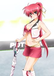 Rule 34 | 1girl, alternate costume, alternate weapon, bare shoulders, blue eyes, blush, boots, breasts, cleavage, closed umbrella, diesel-turbo, front-tie top, hair ribbon, laevatein (nanoha), large breasts, long hair, lowleg, lowleg skirt, lyrical nanoha, mahou shoujo lyrical nanoha, mahou shoujo lyrical nanoha a&#039;s, navel, pink hair, planted, planted umbrella, ponytail, race queen, ribbon, signum, skirt, smile, solo, umbrella, vest, weapon