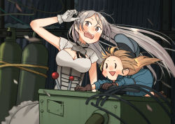Rule 34 | 2girls, annin musou, blue headwear, blush, breasts, brown eyes, brown gloves, brown hair, conte di cavour (kancolle), conte di cavour nuovo (kancolle), dress, fairy (kancolle), gloves, grey dress, grey hair, hair between eyes, hat, kantai collection, large breasts, layered dress, long hair, long sleeves, multiple girls, open mouth, short sleeves, white dress, white gloves