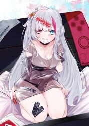 Rule 34 | 1girl, absurdres, arm under breasts, black bra, black panties, blue eyes, blush, bra, breasts, cleavage, clenched teeth, commentary request, commission, dress, girls&#039; frontline neural cloud, heterochromia, highres, kuro (neural cloud), large breasts, long hair, looking at viewer, multicolored hair, ohichi16, panties, pink eyes, pink hair, see-through, see-through dress, seiza, short dress, sitting, solo, sticker on face, sticker on leg, streaked hair, tag, teeth, two side up, underwear, white hair