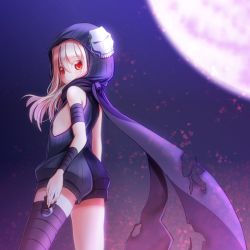 Rule 34 | 1girl, aoi usagi (marinebluerabbit), ass, breasts, brown hair, expressionless, fate/kaleid liner prisma illya, fate (series), from behind, full moon, hood, illyasviel von einzbern, long hair, looking back, moon, night, night sky, ninja, red eyes, scarf, shorts, shuriken, sideboob, single thighhigh, sky, sleeveless, small breasts, solo, thighhighs, weapon