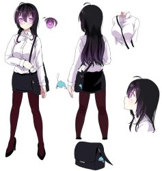 Rule 34 | &gt;:|, 1girl, :|, ahoge, arm at side, bad id, bad pixiv id, bag, beifeng han, between breasts, black hair, black pantyhose, blouse, breasts, casual, character sheet, closed mouth, commentary request, full body, glowing, glowing eyes, gradient hair, hair between eyes, handbag, high heels, large breasts, long hair, looking at viewer, looking up, miniskirt, miyaura sanshio, multicolored hair, multiple views, office lady, original, pantyhose, pencil skirt, profile, purple eyes, purple hair, satchel, serious, shirt, simple background, skirt, two-tone hair, v-shaped eyebrows, white background, white shirt