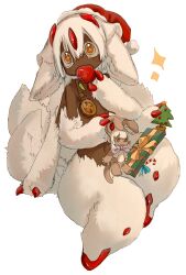 Rule 34 | 1girl, absurdres, animal ears, apple, body fur, box, brown eyes, candy, candy cane, character doll, chinese commentary, christmas, christmas present, christmas tree, claws, commentary request, covered mouth, dark-skinned female, dark skin, eating, extra arms, faputa, fewer digits, flute78103326, food, fruit, full body, gift, gift box, hair between eyes, hand up, hat, highres, holding, holding food, holding fruit, horns, looking afar, made in abyss, monster girl, multiple horns, multiple tails, nanachi (made in abyss), navel, red hat, red horns, santa hat, short hair, simple background, sitting, solo, sparkle, tail, white background, white fur, white hair, wide-eyed