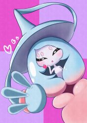 Rule 34 | blowing kiss, blush, creatures (company), game freak, gen 8 pokemon, hat, hatterene, heart, heart-shaped pupils, nintendo, no humans, pokemon, purple background, solo, symbol-shaped pupils, tentacle hair, tentacles, waving, witch hat