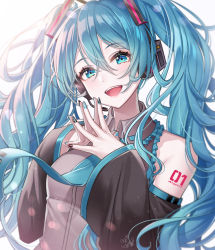 Rule 34 | 1girl, :d, bare shoulders, blue eyes, blue hair, breasts, collared shirt, detached sleeves, frilled shirt, frills, grey shirt, hair between eyes, hair ornament, hands up, hatsune miku, headphones, highres, long hair, long sleeves, looking at viewer, mairo, nail art, nail polish, necktie, open mouth, shirt, shoulder tattoo, small breasts, smile, solo, steepled fingers, tattoo, twintails, upper body, vocaloid