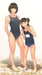Rule 34 | 2girls, age difference, barefoot, brown hair, cameltoe, competition swimsuit, feet, highres, mizuno (brand), multiple girls, one-piece swimsuit, school swimsuit, shinchou ni kansuru kousatsu, standing, swimsuit, toes