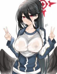 Rule 34 | 1girl, absurdres, angel wings, black hair, black wings, blue archive, breasts, double v, gym uniform, hana22, hasumi (blue archive), hasumi (track) (blue archive), highres, large breasts, long hair, looking at viewer, ponytail, red eyes, simple background, solo, v, white background, wings