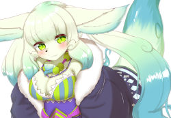 Rule 34 | 1girl, :3, animal ears, animal nose, blonde hair, blue hair, blush, breasts, character request, cleavage, closed mouth, fullbokko heroes, furry, furry female, gradient hair, green hair, highres, horokusa (korai), jewelry, large breasts, long hair, looking at viewer, multicolored hair, necklace, smile, solo, tail
