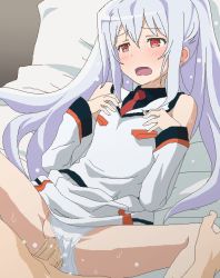 Rule 34 | 1boy, 1girl, aliasing, bare shoulders, blush, censored, clothed female nude male, clothes lift, clothing aside, collarbone, detached sleeves, dress, dress lift, hetero, isla (plastic memories), missionary, mosaic censoring, necktie, nude, open mouth, panties, panties aside, penis, plastic memories, pussy, red eyes, revision, silver hair, solo focus, spread legs, sweat, tomu (tomubobu), underwear
