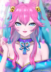 Rule 34 | 1girl, :d, ahri (league of legends), animal ears, bare shoulders, blurry, blurry background, breasts, cleavage, collarbone, fox ears, green eyes, green ribbon, hair between eyes, hair ribbon, hand up, highres, japanese clothes, kanaminemu, kimono, large breasts, league of legends, long hair, nail polish, open mouth, pink hair, pink nails, ribbon, smile, solo, spirit blossom ahri, whiskers