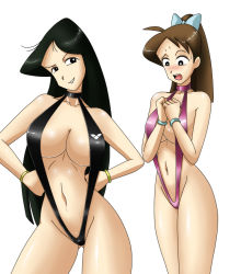 Rule 34 | 2girls, arena (company), bikini, black eyes, black hair, blue bow, blush, bow, bracelet, breasts, brown hair, cleavage, collarbone, crayon shin-chan, curvy, deadmoon (kein2002), eyebrows, hair bow, hair ornament, hands on own hips, huge breasts, jewelry, large breasts, long hair, matsuzaka ume, multiple girls, navel, open mouth, ponytail, simple background, slingshot swimsuit, smile, swimsuit, teeth, white background, yoshinaga midori