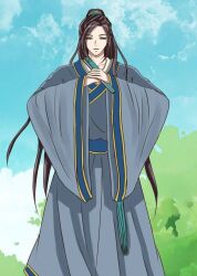 Rule 34 | 1boy, brown hair, chinese clothes, grey tunic, hands up, long hair, looking at viewer, open mouth, psychic princess, solo, tong ling fei, very long hair, yu zimo