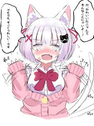 Rule 34 | 1girl, :d, @ @, afterimage, animal ear fluff, animal ears, ashitaba kemo, bandaid, bandaid on cheek, bandaid on face, blush, breasts, cardigan, cat ears, cat girl, cat hair ornament, cat tail, collared shirt, commentary request, cropped torso, dress shirt, fang, flying sweatdrops, hair ornament, hair ribbon, highres, long sleeves, looking at viewer, medium breasts, nose blush, open mouth, original, pink cardigan, red ribbon, ribbon, shirt, simple background, sleeves past wrists, smile, solo, tail, translation request, two side up, upper body, white background, white hair, white shirt