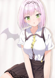 Rule 34 | 1girl, :o, black skirt, blush, braid, breasts, collarbone, collared shirt, commentary request, curtains, green eyes, highres, looking at viewer, medium breasts, parted lips, pink hair, pleated skirt, shirt, short hair, short sleeves, skirt, solo, suspender skirt, suspenders, synn032, tanikaze amane, tenshi souzou re-boot!, white shirt