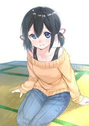 Rule 34 | 1girl, black hair, blue eyes, blue pants, blush, closed mouth, collarbone, commentary request, hair between eyes, hair ribbon, highres, leaning forward, long sleeves, looking at viewer, low twintails, off-shoulder, off-shoulder sweater, off shoulder, original, pants, red ribbon, ribbon, short twintails, sidelocks, sitting, sleeves past wrists, smile, solo, suzunari shizuku, sweater, tatami, twintails, white background, yellow sweater, yuki arare