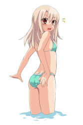 Rule 34 | 1girl, :o, adjusting clothes, adjusting swimsuit, aqua bikini, arms behind back, ass, back, bikini, blonde hair, blush, breasts, butt crack, cool (am2), cowboy shot, embarrassed, fate/kaleid liner prisma illya, fate (series), from side, hair between eyes, illyasviel von einzbern, lace, lace-trimmed bikini, lace trim, long hair, looking at viewer, looking back, open mouth, parted bangs, red eyes, silver hair, simple background, small breasts, solo, standing, surprised, sweatdrop, swimsuit, taut clothes, thighs, tongue, wading, water, white background