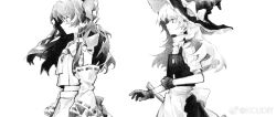 Rule 34 | 2girls, apron, chinese commentary, closed mouth, commentary request, cowboy shot, detached sleeves, expressionless, frilled hair tubes, frills, from side, gloves, greyscale, hair tubes, hakurei reimu, hat, hatching (texture), highres, kirisame marisa, linear hatching, long hair, looking at another, looking down, monochrome, multiple girls, parted lips, profile, ribbon-trimmed sleeves, ribbon trim, shirt, short sleeves, simple background, sketch, sleeveless, sleeveless shirt, standing, touhou, turtleneck, vest, waist apron, watermark, weibo logo, white background, witch hat, worried, ya17033999