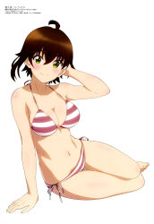 1girl absurdres ahoge bare_shoulders bikini blush breasts brown_hair character_request cleavage closed_mouth collarbone green_eyes halterneck highres looking_at_viewer magazine_scan maou-sama_retry! medium_breasts megami_magazine midriff navel official_art scan shiny_skin short_hair side-tie_bikini_bottom simple_background smile solo striped_bikini striped_clothes swimsuit thighs white_background