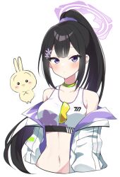 Rule 34 | 1girl, arms at sides, bare shoulders, black hair, blue archive, blush, breasts, choker, closed mouth, collarbone, dot nose, flower, green choker, hair flower, hair ornament, hair scrunchie, halo, high ponytail, highres, jacket, large breasts, long hair, looking at viewer, murase48, navel, off shoulder, purple eyes, purple halo, purple scrunchie, scrunchie, sidelocks, simple background, solo, sports bra, stomach, sumire (blue archive), sunglasses, upper body, very long hair, white background, white jacket, white sports bra